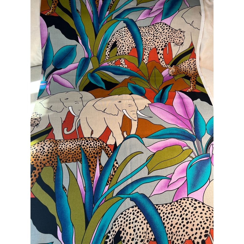 Fabric Vintage 90s Alexander Henry Elephant Leopard Jungle Theme Blue 30"x 44" W